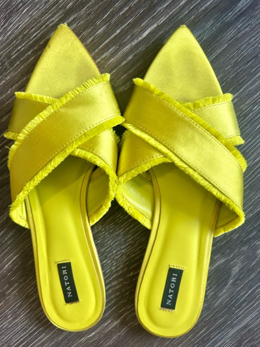 Natori Yellow Satin Fringe Crisscross Mules